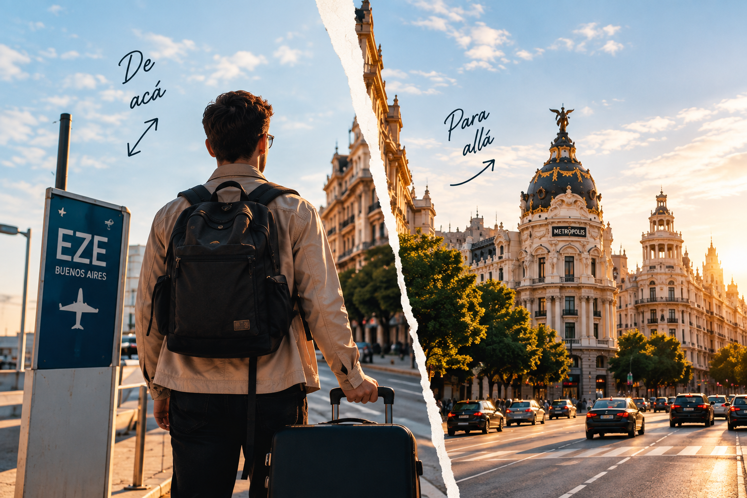 Viajero con mochila y valija junto al cartel de EZE Buenos Aires, frente a la calle de Alcalá de Madrid
